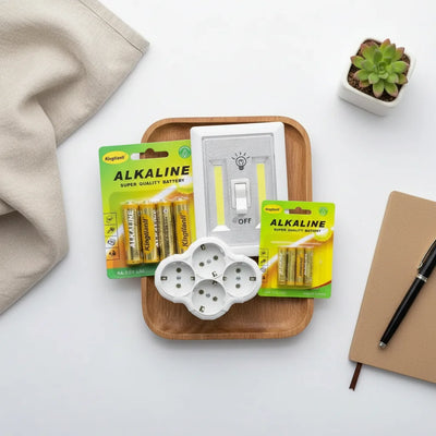 Power & Light Essentials Bundle: Πολύπριζο 4 Θέσεων, Μπαταρίες & LED Διακόπτης (4 Τεμάχια) - Εναλλακτική Όψη