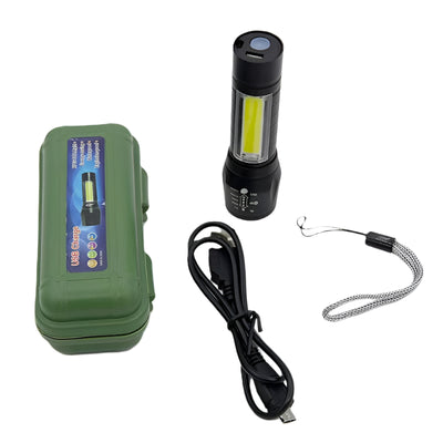 Green flashlight with USB cable and lanyard on a white background