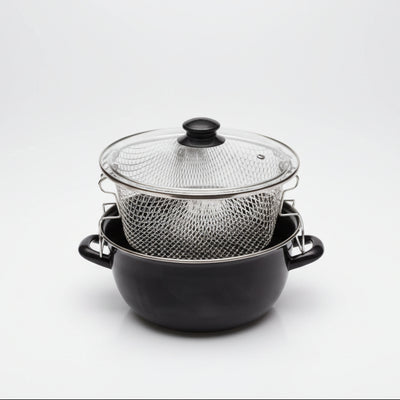 Home Style Εμαγιέ Φριτέζα - Κατσαρόλα 24cm με Καλάθι Τηγανίσματος & Γυάλινο Καπάκι – Μαύρη - Worthio  #