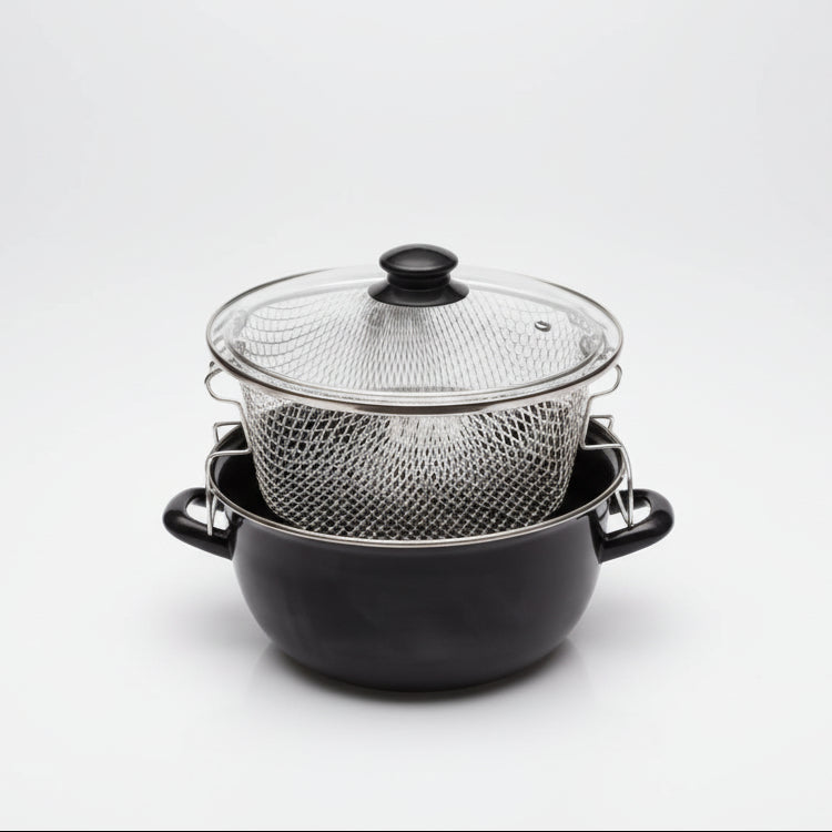 Home Style Εμαγιέ Φριτέζα - Κατσαρόλα 24cm με Καλάθι Τηγανίσματος & Γυάλινο Καπάκι – Μαύρη - Worthio  #
