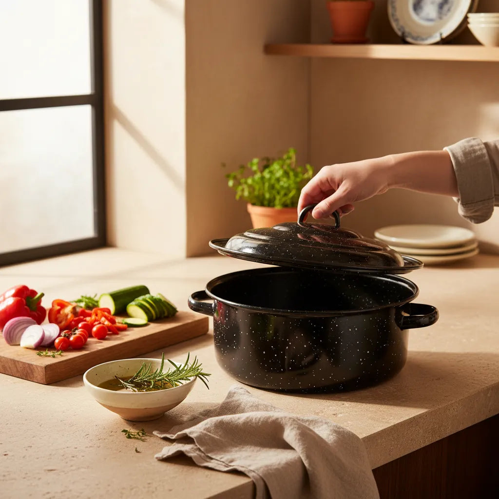 HomeStyle Παραδοσιακή Στρογγυλή Εμαγιέ Γάστρα 27x11cm – Μαύρη (Retro Design) - Worthio  #
