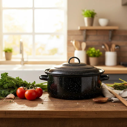 HomeStyle Παραδοσιακή Στρογγυλή Εμαγιέ Γάστρα 27x11cm – Μαύρη (Retro Design) - Worthio  #