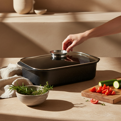 HomeStyle Ορθογώνια Εμαγιέ Γάστρα 41x30cm με Γυάλινο Καπάκι & Πόμολο Αρώματος (Aroma Knob) - Worthio  #