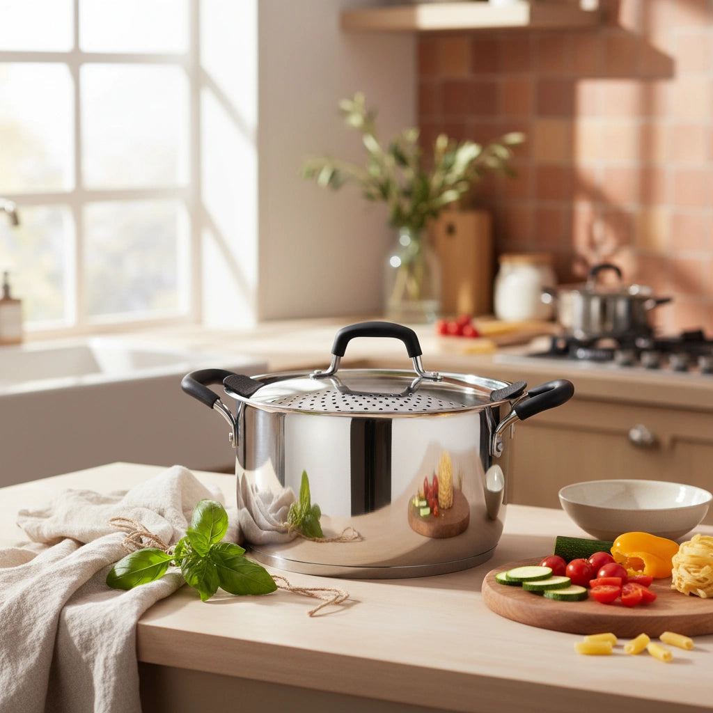HomeStyle Ανοξείδωτη Κατσαρόλα (Inox) 24cm με Έξυπνο Καπάκι-Σουρωτήρι (5.3 Λίτρα) - Worthio  #