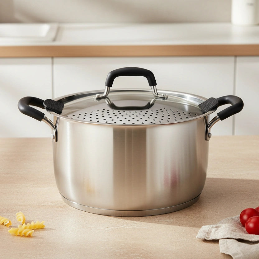 HomeStyle Ανοξείδωτη Κατσαρόλα (Inox) 24cm με Έξυπνο Καπάκι-Σουρωτήρι (5.3 Λίτρα) - Worthio  #