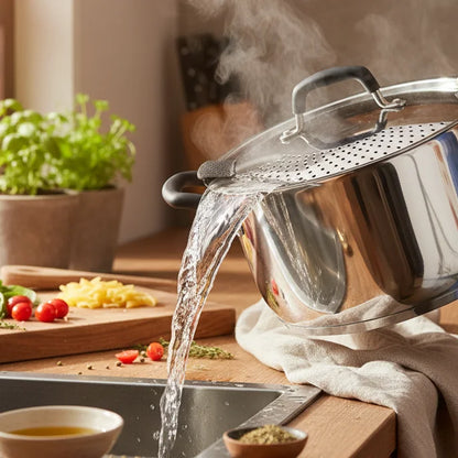 HomeStyle Ανοξείδωτη Κατσαρόλα (Inox) 24cm με Έξυπνο Καπάκι-Σουρωτήρι (5.3 Λίτρα) - Worthio  #