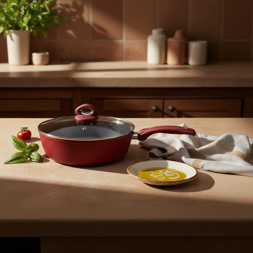 Αντικολλητική Σοτέζα Αλουμινίου HomeStyle Marble 28cm με Επίστρωση Πέτρας & Γυάλινο Καπάκι - Worthio  #