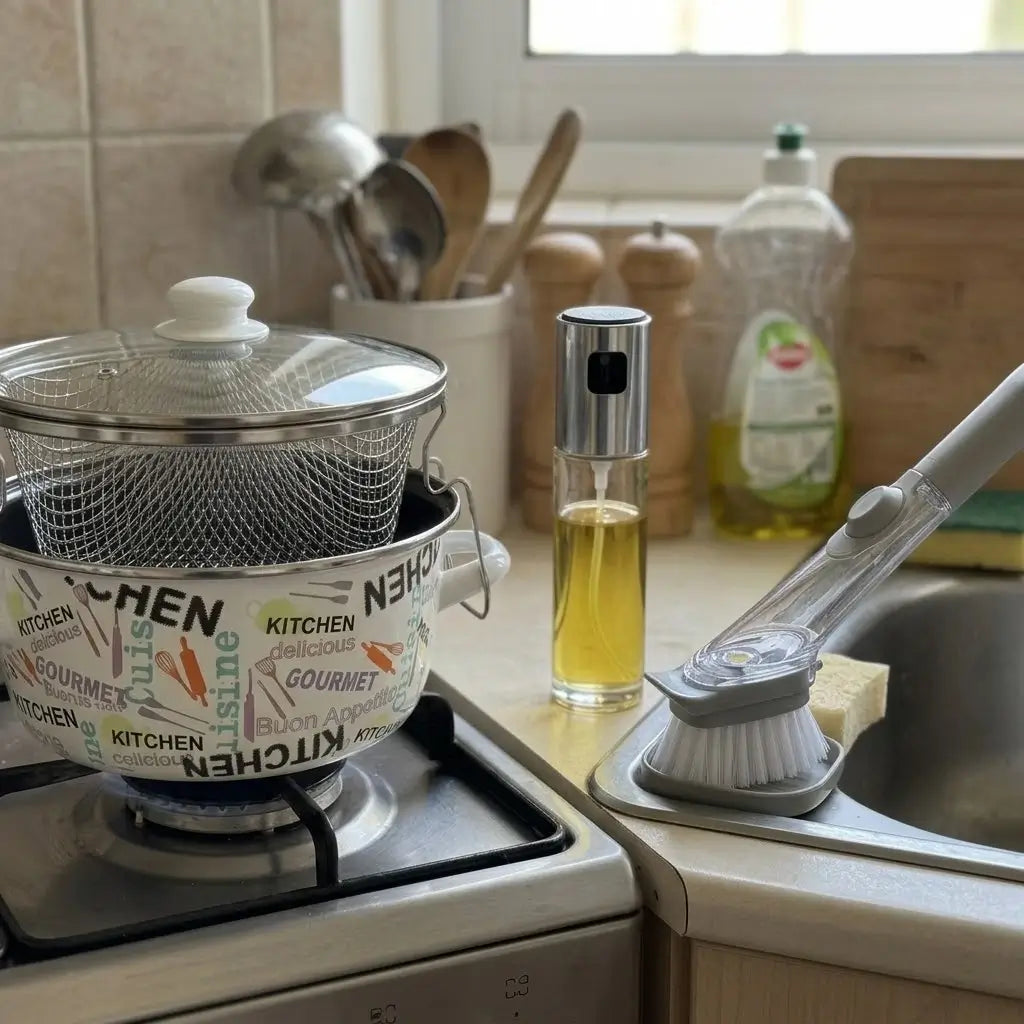 Kitchen Trio Pack: Κατσαρόλα-Φριτέζα Εμαγιέ 24cm + Σπρέι Λαδιού + Βούρτσα Πλυσίματος (-15%)