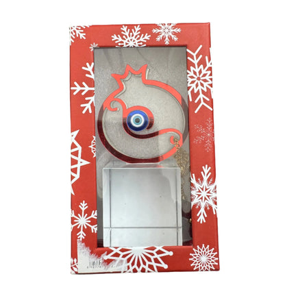 Χριστουγεννιάτικο γουρί με γυάλινη βάση και κουτι “Ρόδι & Μάτι” κοκκινο – Για Μια Χρονιά με Αφθονία και Προστασία