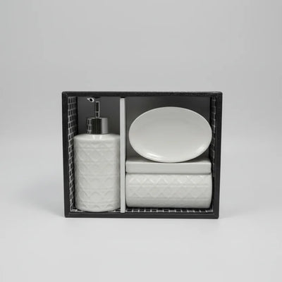 Σετ Αξεσουάρ Μπάνιου 3 Τεμαχίων με Ανάγλυφο Γεωμετρικό Μοτίβο & Κουτί Συσκευασίας - Λευκό