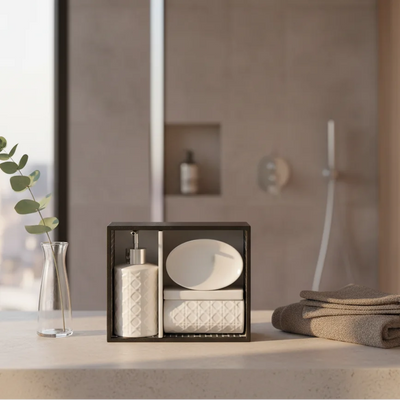 Σετ Αξεσουάρ Μπάνιου 3 Τεμαχίων με Ανάγλυφο Γεωμετρικό Μοτίβο & Κουτί Συσκευασίας - Λευκό - Εναλλακτική Όψη