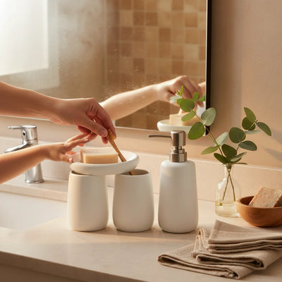 Μινιμαλιστικό Σετ Αξεσουάρ Μπάνιου 4 Τεμαχίων σε Λευκό Ματ με Κουτί Συσκευασίας - Εναλλακτική Όψη