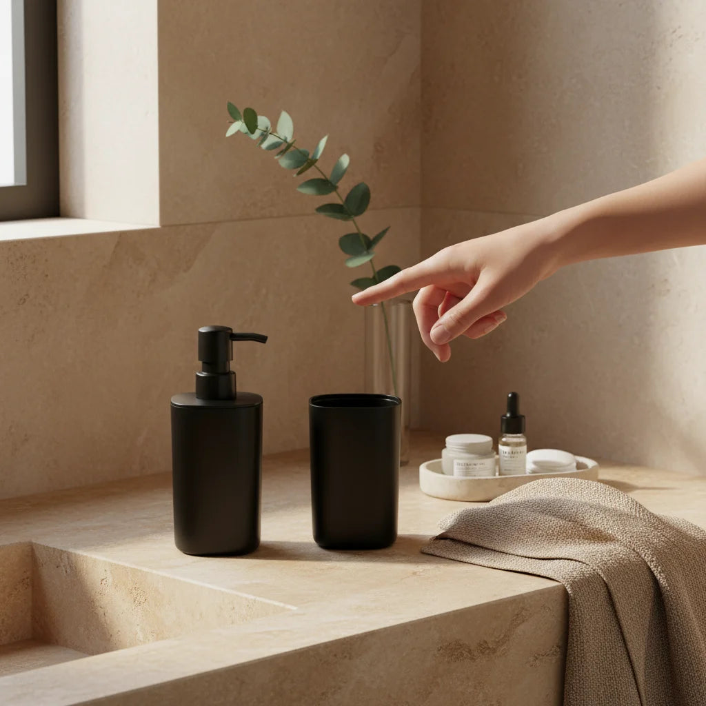 Σετ Αξεσουάρ Μπάνιου 2 Τεμαχίων Πλαστικό – Μαύρο Ματ (Dispenser & Ποτήρι)