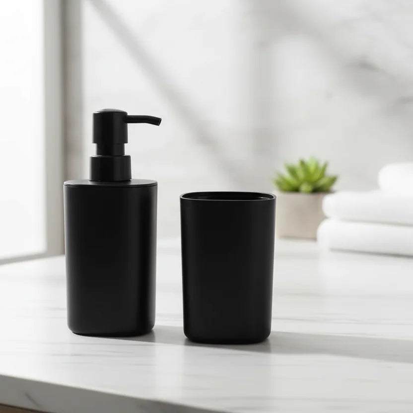 Σετ Αξεσουάρ Μπάνιου 2 Τεμαχίων Πλαστικό – Μαύρο Ματ (Dispenser & Ποτήρι)