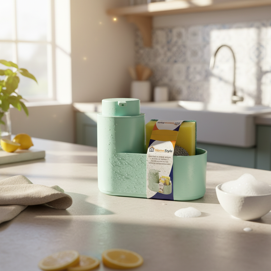 Σετ Organizer Νεροχύτη HomeStyle με Ντισπένσερ Σαπουνιού & Σφουγγάρια | Χρώμα Μέντα (Βεραμάν) - Worthio  #