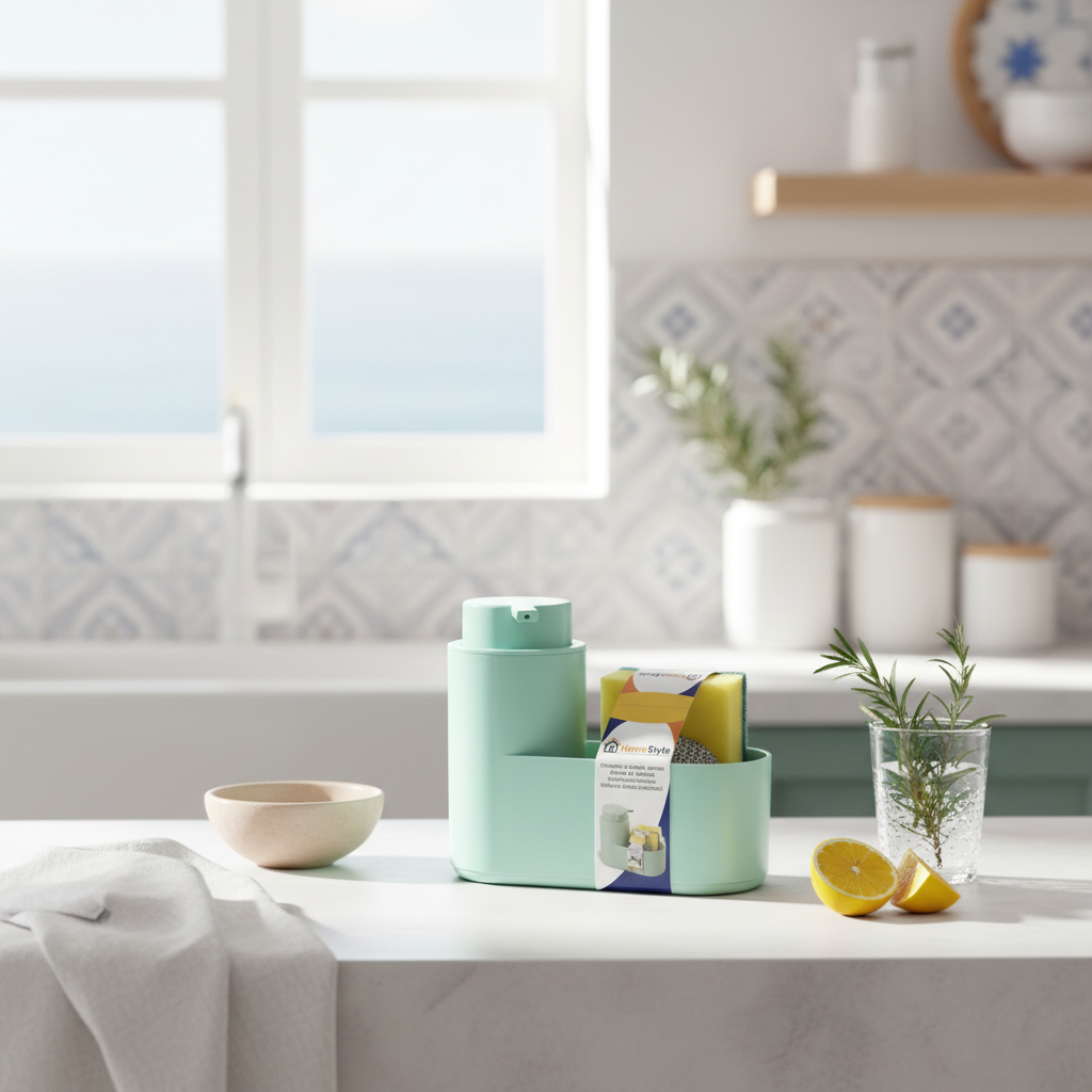 Σετ Organizer Νεροχύτη HomeStyle με Ντισπένσερ Σαπουνιού & Σφουγγάρια | Χρώμα Μέντα (Βεραμάν) - Worthio  #