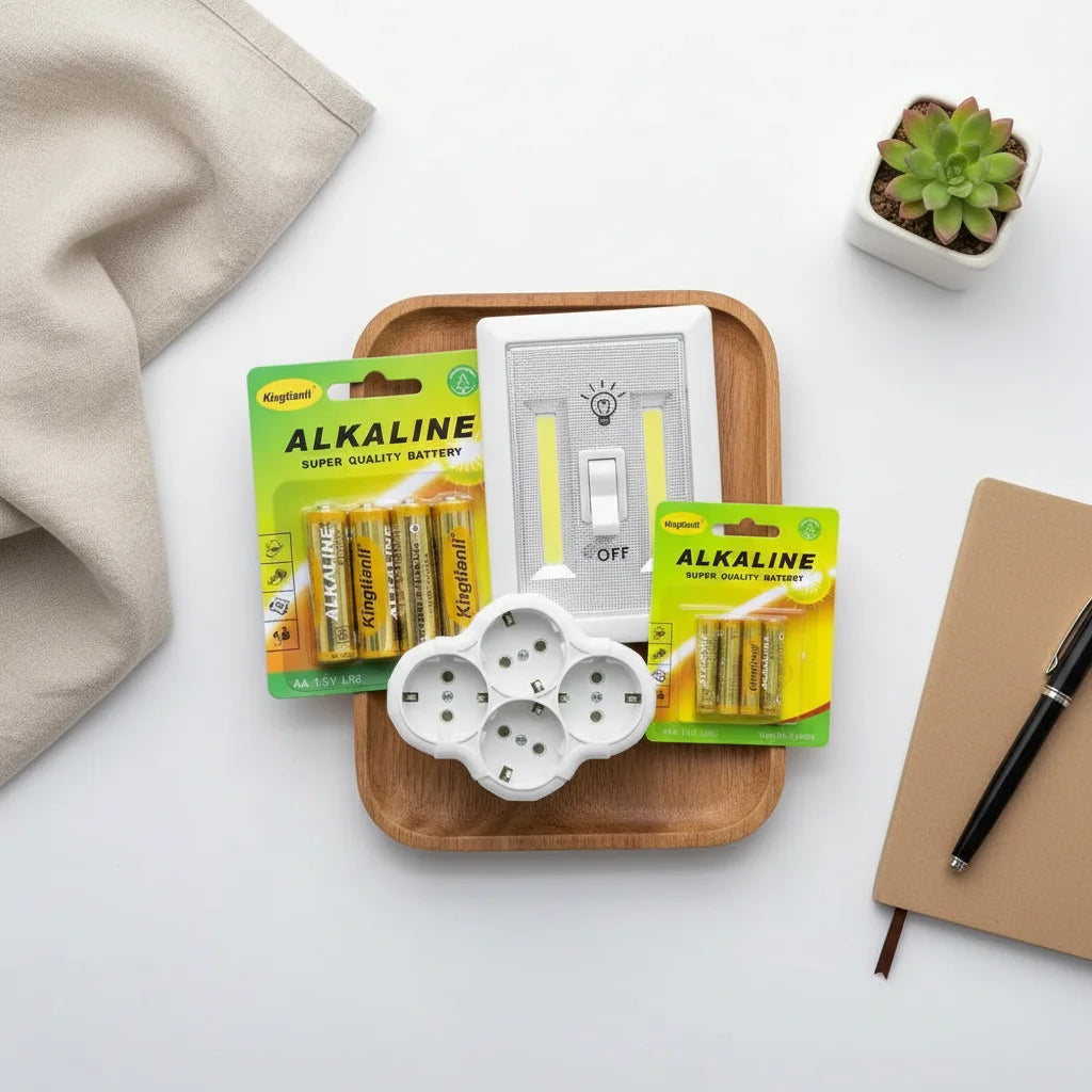 Power & Light Essentials Bundle: Πολύπριζο 4 Θέσεων, Μπαταρίες & LED Διακόπτης (4 Τεμάχια) - Worthio  #