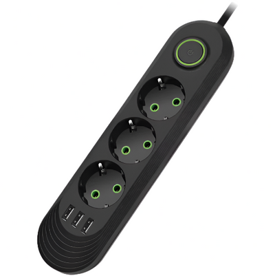 Πολύπριζο με 3 Θέσεις + 3 USB Θύρες - Με Διακόπτη On/Off και 5μετρα καλωδιο Μαύρο